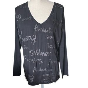 ANGELA MARA V-Neck Black Silver Glitter Print L/S T-Shirt Boho Chic Large NEW